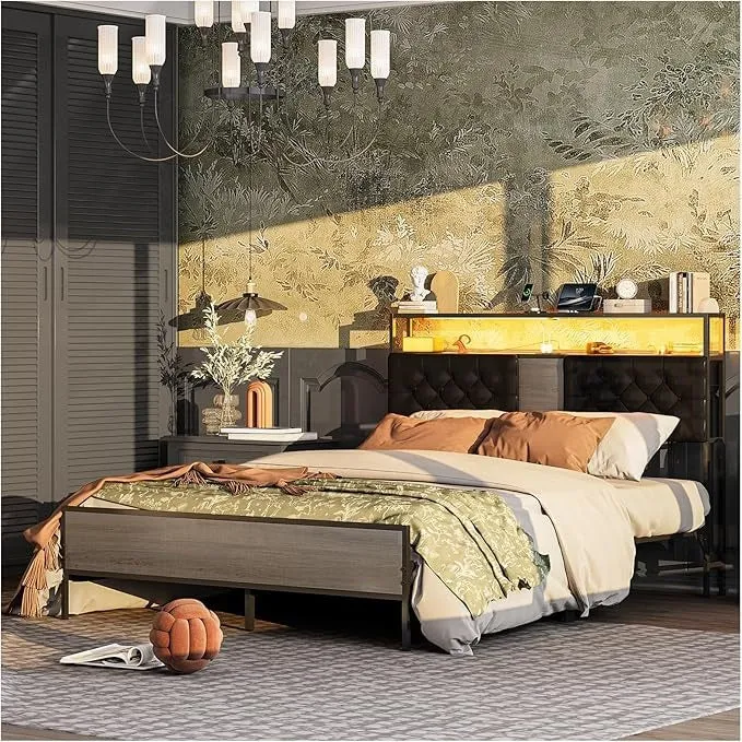 Base de Cama Matrimonial 1.4m con Cabecero Tapizado, Luces LED, 2 Salidas AC y 2 Puertos USB – Almacenamiento Incluido