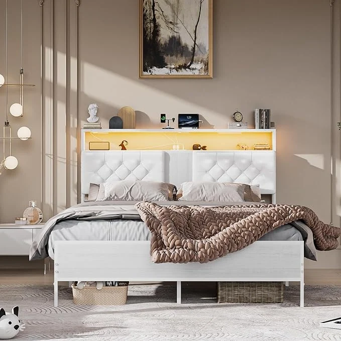 Base de Cama Matrimonial 1.4m con Cabecero Tapizado, Luces LED, 2 Salidas AC y 2 Puertos USB – Almacenamiento Incluido