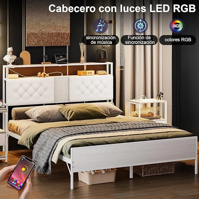 Base de Cama Matrimonial 1.4m con Cabecero Tapizado, Luces LED, 2 Salidas AC y 2 Puertos USB – Almacenamiento Incluido