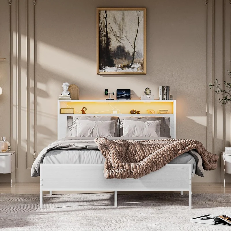 Cama Matrimonial con Cabecero de Almacenamiento, Base de 1.4 m con Luces LED, Contactos de Carga y Puertos USB – Blanco Moderno
