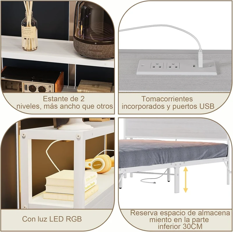 Cama Matrimonial con Cabecero de Almacenamiento, Base de 1.4 m con Luces LED, Contactos de Carga y Puertos USB – Blanco Moderno