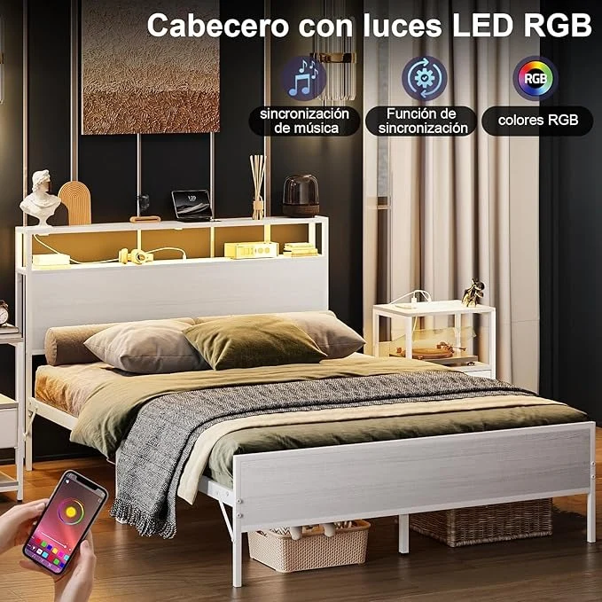 Cama Matrimonial con Cabecero de Almacenamiento, Base de 1.4 m con Luces LED, Contactos de Carga y Puertos USB – Blanco Moderno