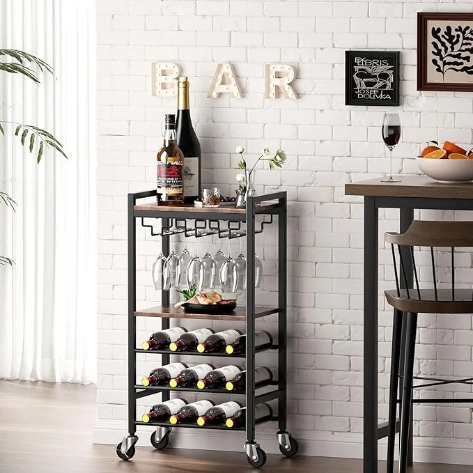 Carrito Bar de 5 Niveles con Porta Copas y Botellero para 12 Botellas – Carrito de Servicio Vintage para Hogar, Cocina o Sala de Estar