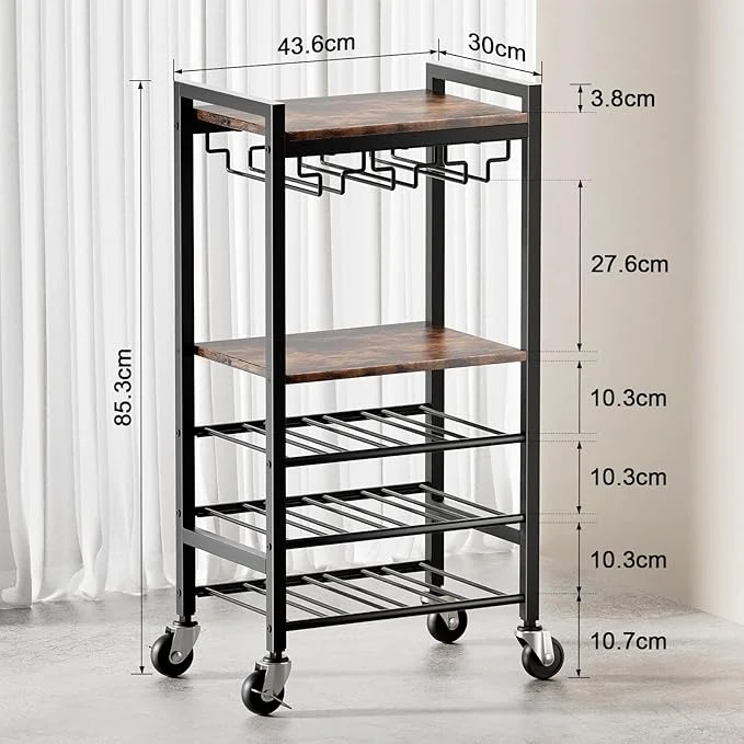 Carrito Bar de 5 Niveles con Porta Copas y Botellero para 12 Botellas – Carrito de Servicio Vintage para Hogar, Cocina o Sala de Estar