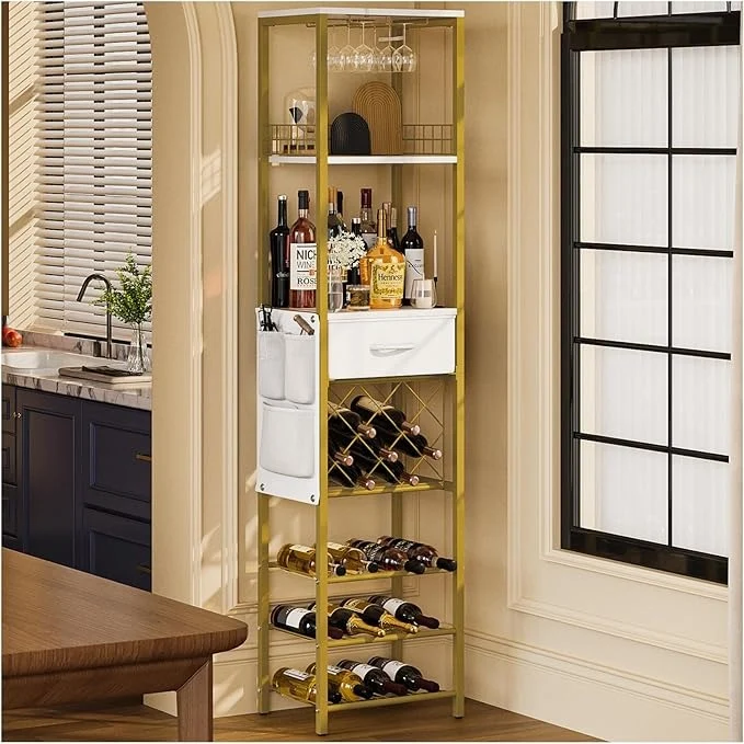 Estante de Vino de 1.7 m para Piso con Cajón y Bolsillos Laterales | Rack para Botellas y Barra de Vinos Moderna