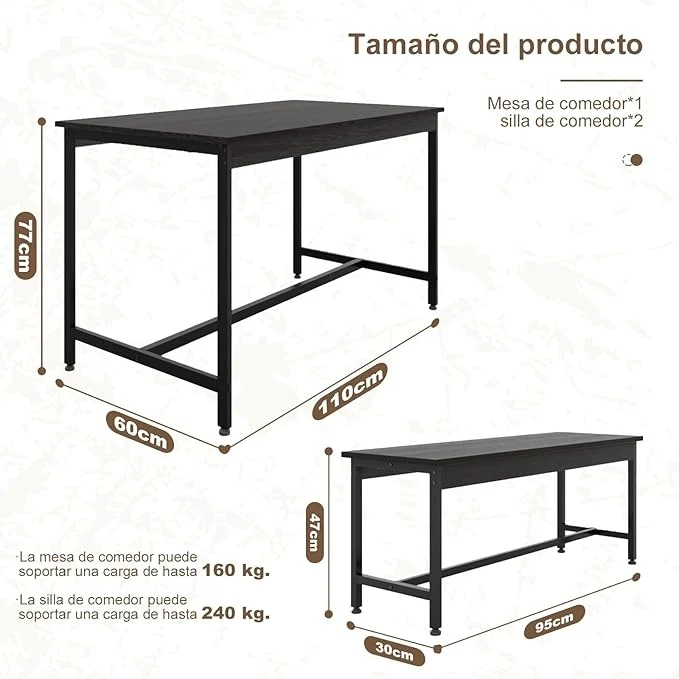 Juego de Comedor 4 Personas con Mesa 110x60 cm y 4 Sillas | Ideal para Espacios Pequeños, Fácil de Limpiar y Montar