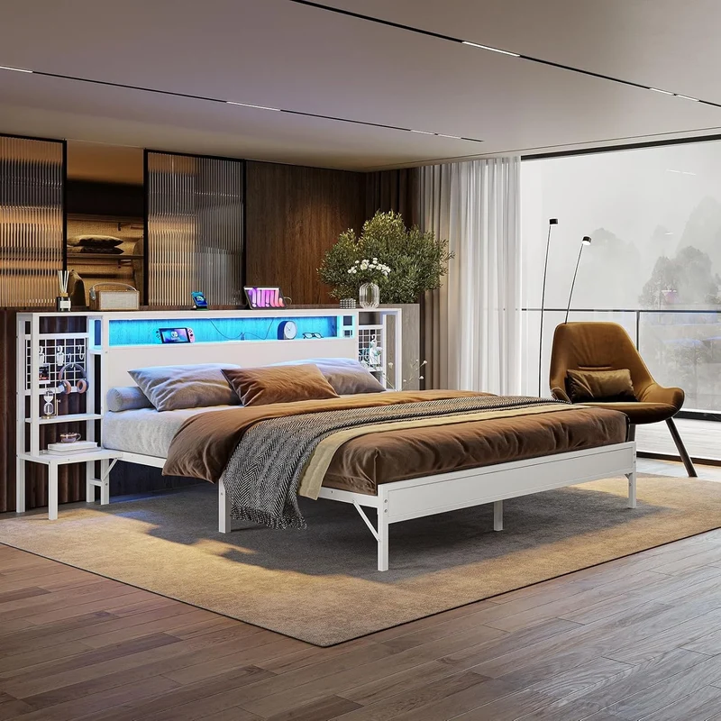 Base de Cama Matrimonial con Luz LED y Carga USB | Cabecera con Almacenaje, Metal y Madera 140x190 cm