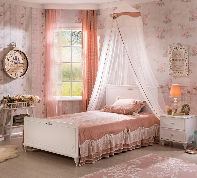 Letto Per Bambini Romantico 120x200 Cm Bianco con Motivi Ricamati – Design Elegante e Confortevole