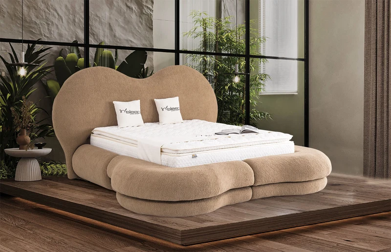 Letto Matrimoniale Maldiv in Tessuto Bouclé con Design Organico