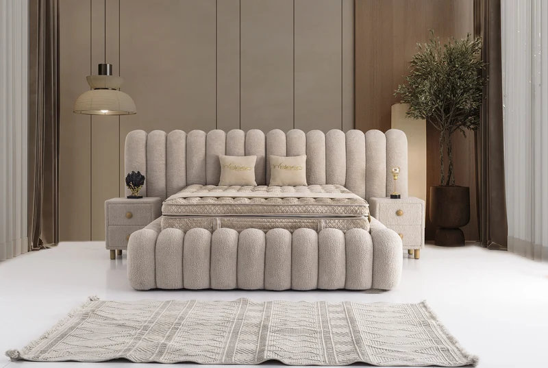 Letto Matrimoniale Marsel in Tessuto Bouclé con Effetto Nuvola