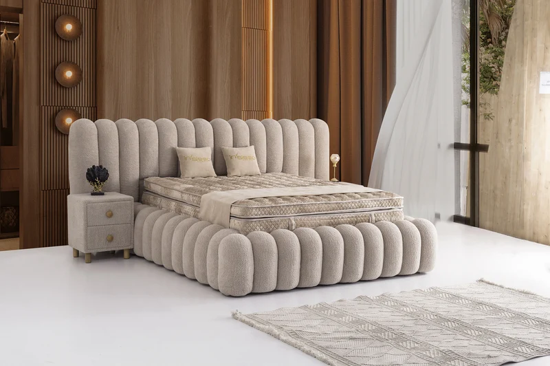 Letto Matrimoniale Marsel in Tessuto Bouclé con Effetto Nuvola