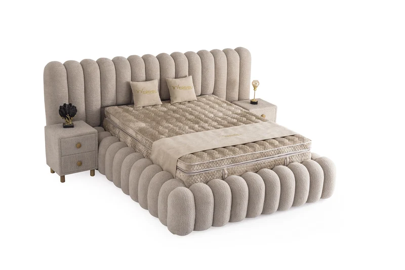 Letto Matrimoniale Marsel in Tessuto Bouclé con Effetto Nuvola