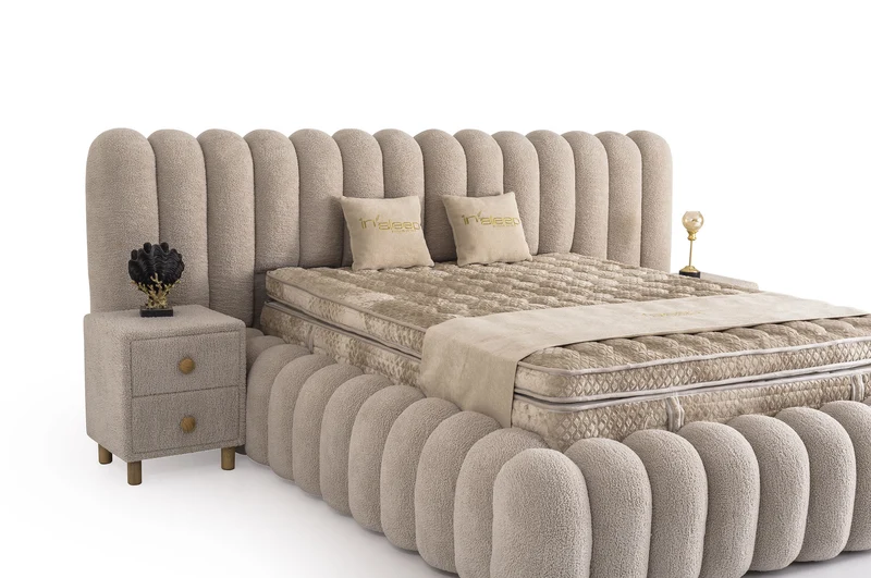 Letto Matrimoniale Marsel in Tessuto Bouclé con Effetto Nuvola