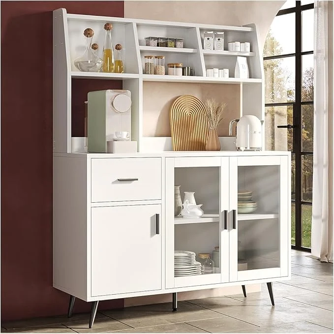 Alacena de Cocina Simple Hogar – Gabinete Multiusos con Puertas de Cristal Templado y Cajones de Madera, Compacto y Fácil de Instalar