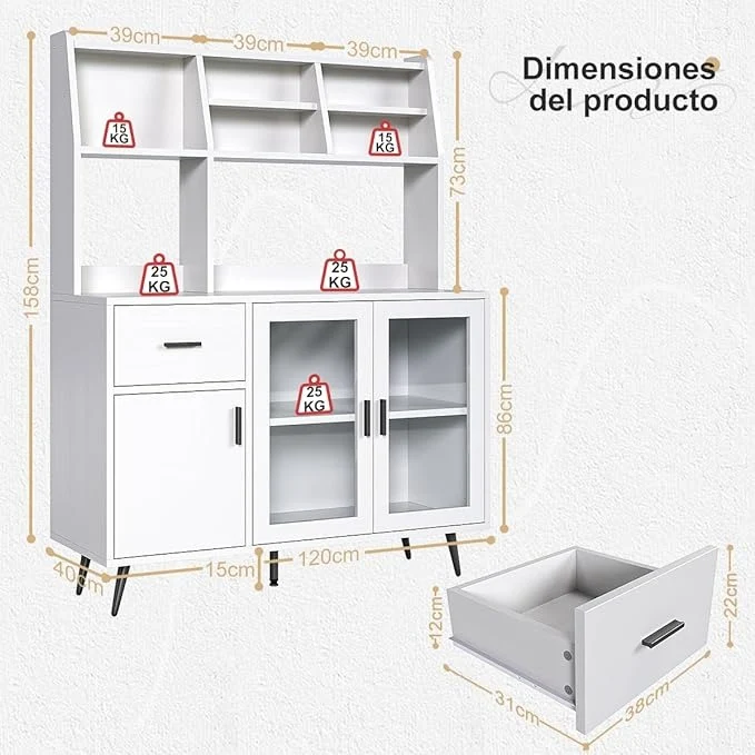 Alacena de Cocina Simple Hogar – Gabinete Multiusos con Puertas de Cristal Templado y Cajones de Madera, Compacto y Fácil de Instalar