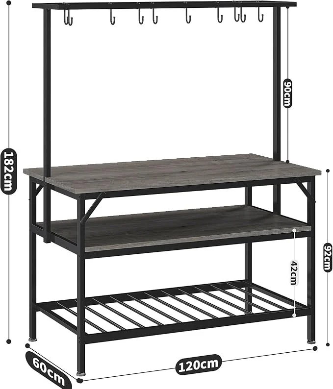 Mueble de Cocina 3 Niveles – Isla de Cocina con Tablero de Madera, 10 Ganchos, Agarradera y Fácil de Montar (120x60 cm)