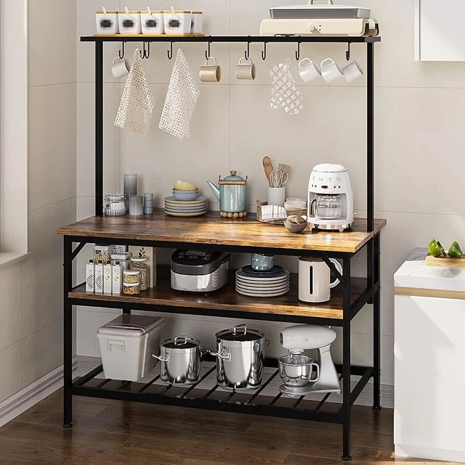 Mueble de Cocina 3 Niveles – Isla de Cocina con Tablero de Madera, 10 Ganchos, Agarradera y Fácil de Montar (120x60 cm)