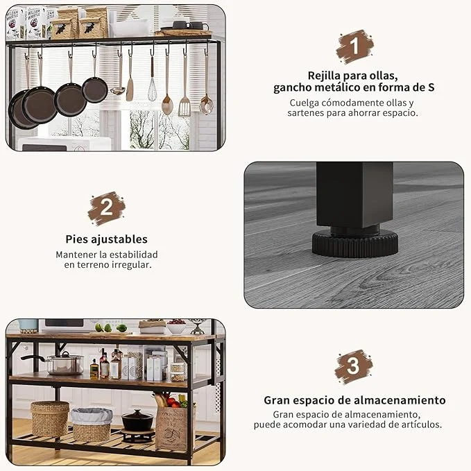 Mueble de Cocina 3 Niveles – Isla de Cocina con Tablero de Madera, 10 Ganchos, Agarradera y Fácil de Montar (120x60 cm)