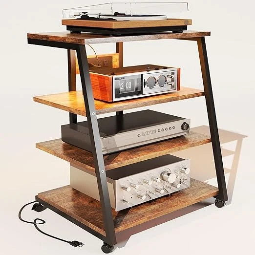 Soporte para Bocinas Vintage 4 Niveles – Estante Multimedia con Ruedas, Regleta, Luz LED y Esquinero 60×48×80 cm