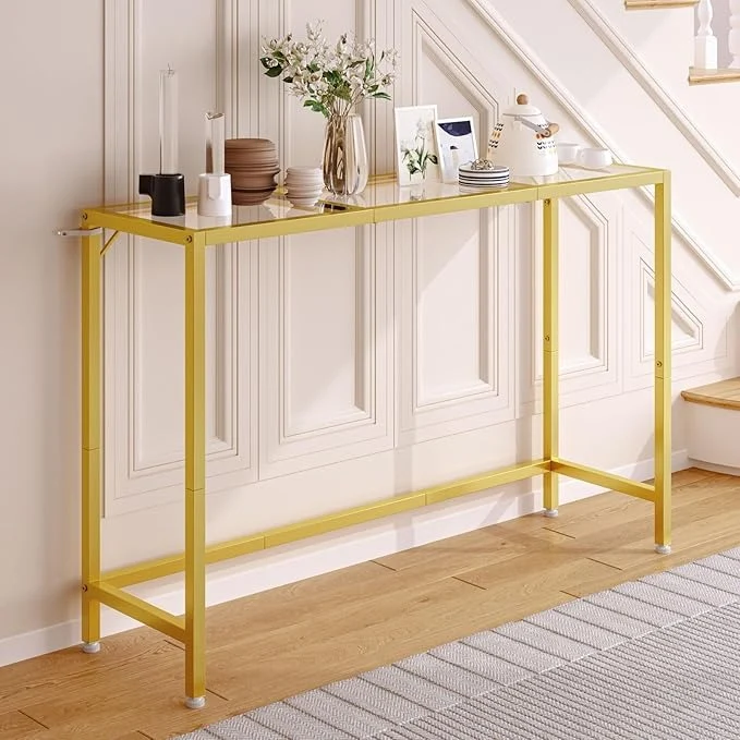 Credenza Recibidor en Vidrio Templado – Mesa Consola Dorada de 120cm con Estructura de Metal para Entrada o Salón