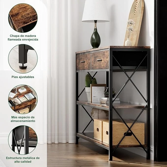 Credenza Moderna para Recibidor – 100CM, con 2 Cajones de Tela y Estantes Dobles, Ideal para Salón y Pasillo
