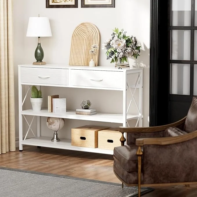 Credenza Moderna para Recibidor – 100CM, con 2 Cajones de Tela y Estantes Dobles, Ideal para Salón y Pasillo