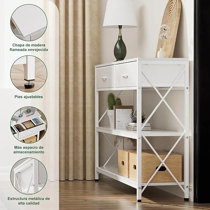 Credenza Moderna para Recibidor – 100CM, con 2 Cajones de Tela y Estantes Dobles, Ideal para Salón y Pasillo