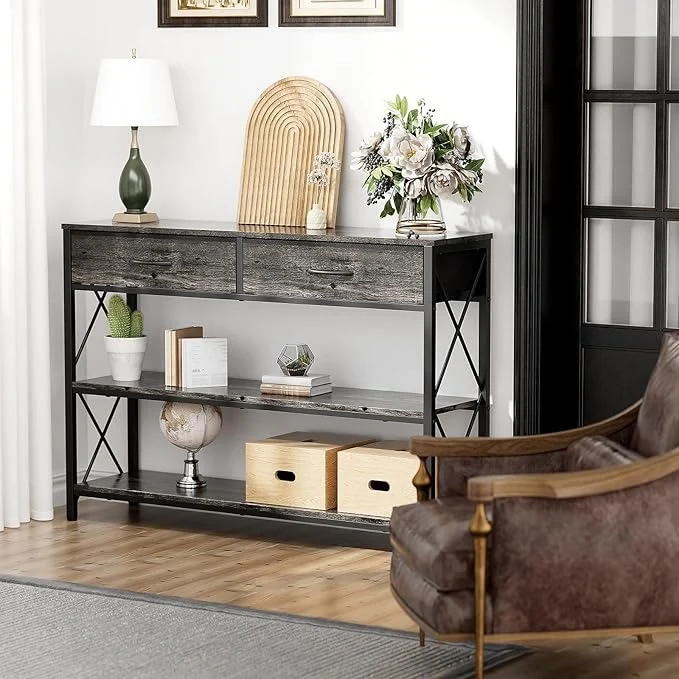 Credenza Moderna para Recibidor – 100CM, con 2 Cajones de Tela y Estantes Dobles, Ideal para Salón y Pasillo