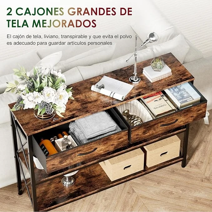 Credenza Moderna para Recibidor – 100CM, con 2 Cajones de Tela y Estantes Dobles, Ideal para Salón y Pasillo