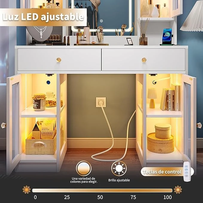 Simple Hogar Tocador de Maquillaje con Espejo LED, 3 Modos de Luz, 2 Cajones y 4 Armarios, Tocador Vanity para Recámara con Regleta