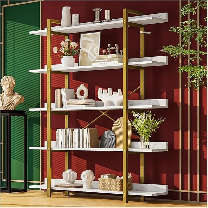 Simple Hogar Librero Organizador 5 Niveles para Sala, Estudio o Cocina – Estilo Contemporáneo, Madera y Metal, 170x120x24 cm, Cada Nivel Soporta 15 kg