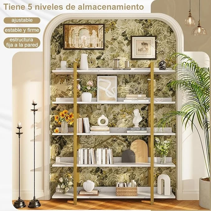 Simple Hogar Librero Organizador 5 Niveles para Sala, Estudio o Cocina – Estilo Contemporáneo, Madera y Metal, 170x120x24 cm, Cada Nivel Soporta 15 kg