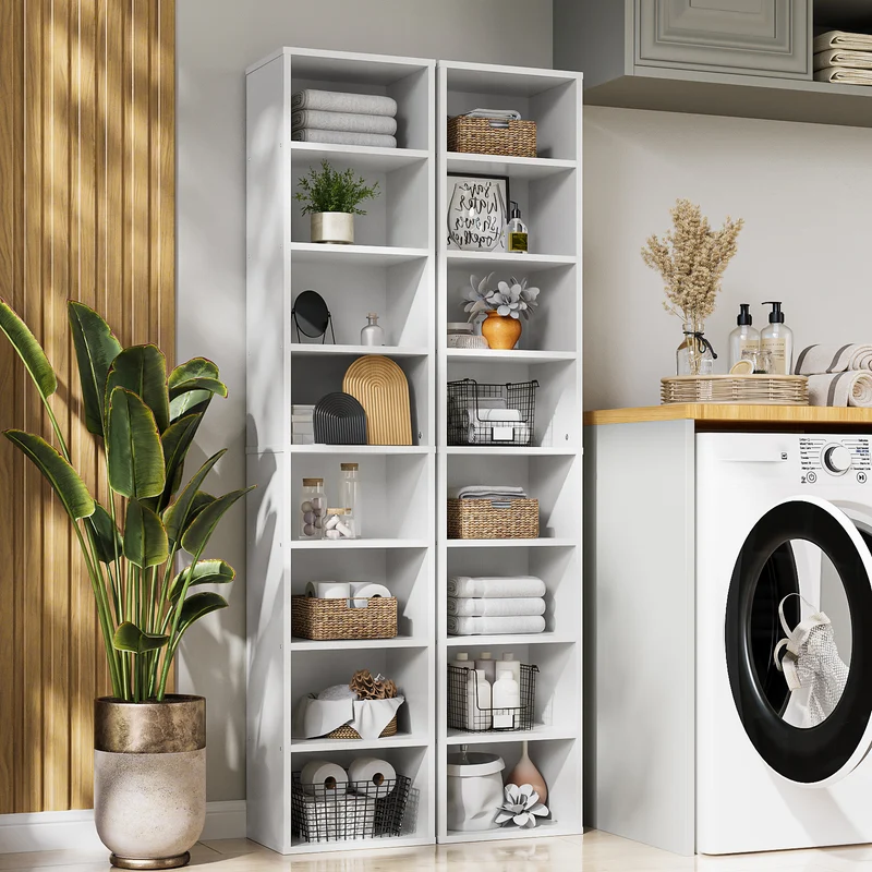 Biblioteca Alta 8 Niveles 180cm – Estantería Minimalista de Madera con Soporte de Pared, Ideal para Sala, Cocina y Baño