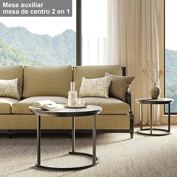 Juego de Mesas de Centro Anidadas – Mesa Grande 61x45cm y Pequeña 46x40cm, Madera y Acero, Diseño Moderno