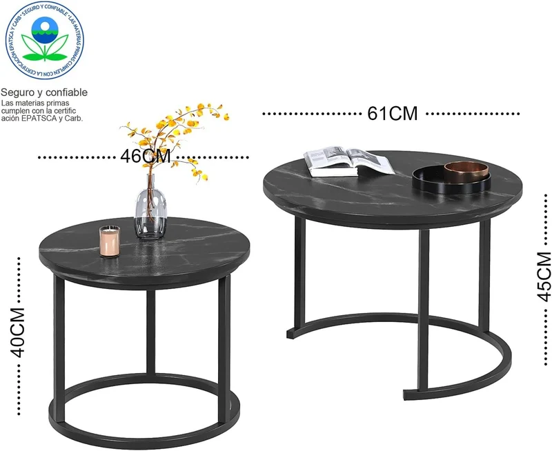 Juego de Mesas de Centro Anidadas – Mesa Grande 61x45cm y Pequeña 46x40cm, Madera y Acero, Diseño Moderno