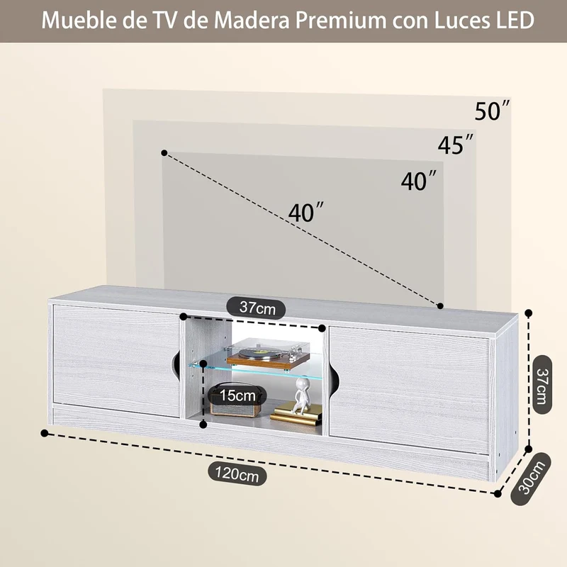 Mueble para TV, 120 CM TV Grande, con Vidrio Templado Luz LED Centro de Entretenimiento para TV, Mesa para TV de Madera de Alta Gama, Apto para Salón y Dormitorio