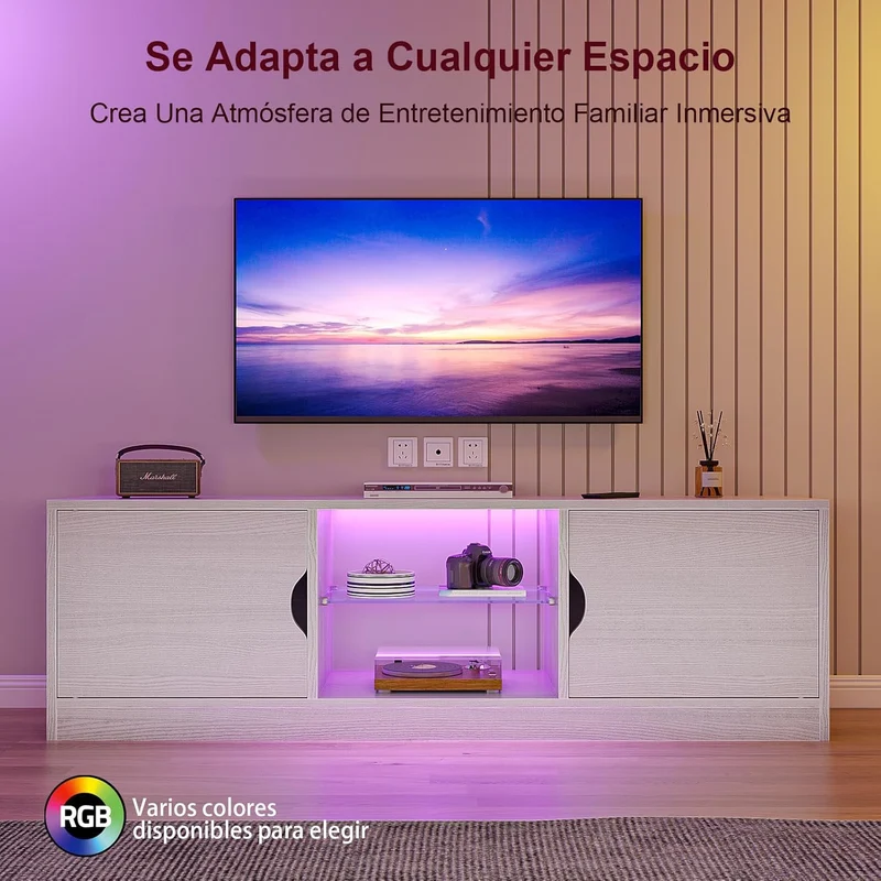 Mueble para TV, 120 CM TV Grande, con Vidrio Templado Luz LED Centro de Entretenimiento para TV, Mesa para TV de Madera de Alta Gama, Apto para Salón y Dormitorio