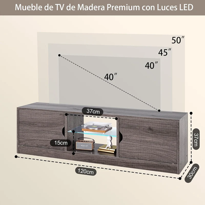 Mueble para TV, 120 CM TV Grande, con Vidrio Templado Luz LED Centro de Entretenimiento para TV, Mesa para TV de Madera de Alta Gama, Apto para Salón y Dormitorio