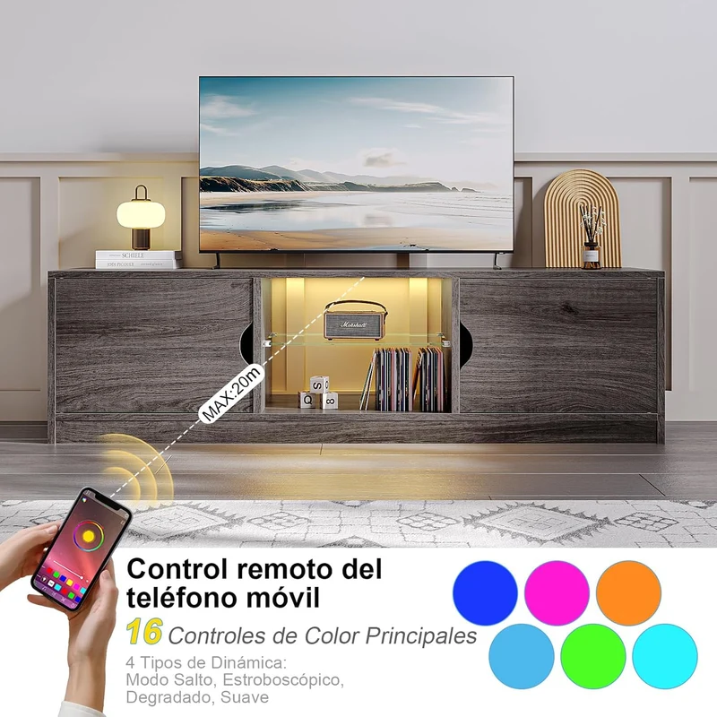 Mueble para TV, 120 CM TV Grande, con Vidrio Templado Luz LED Centro de Entretenimiento para TV, Mesa para TV de Madera de Alta Gama, Apto para Salón y Dormitorio
