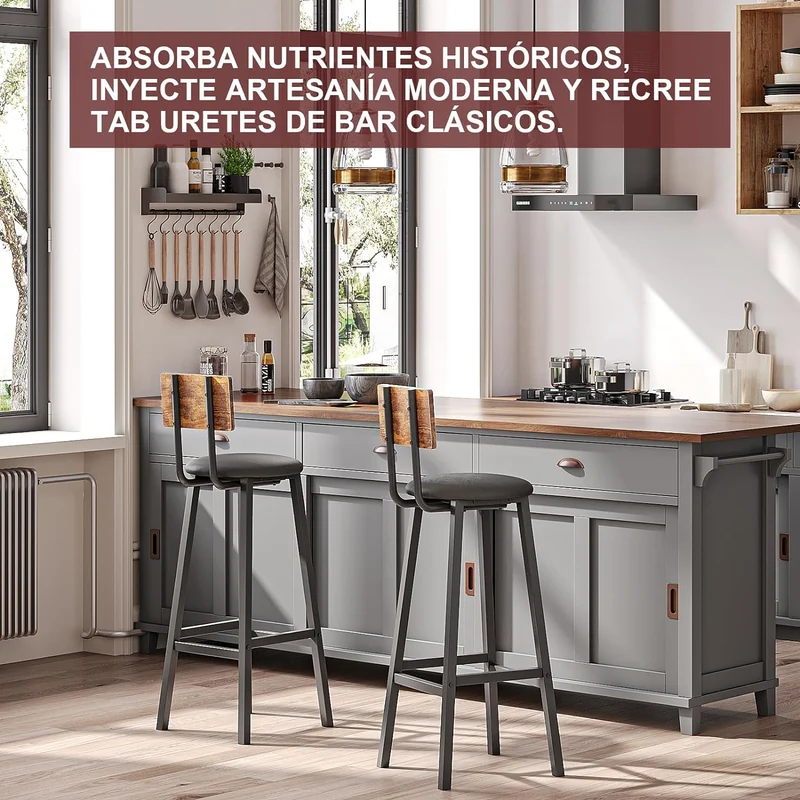Bancos para Barra,Juego de 2 Taburetes de Bar,Bancos para Barra de Cocina de Madera de Hierro Vintage,Silla Alta de 96 CM para Bar,Cocina,Restaurante,Banco Alto con Tapizado de PU.