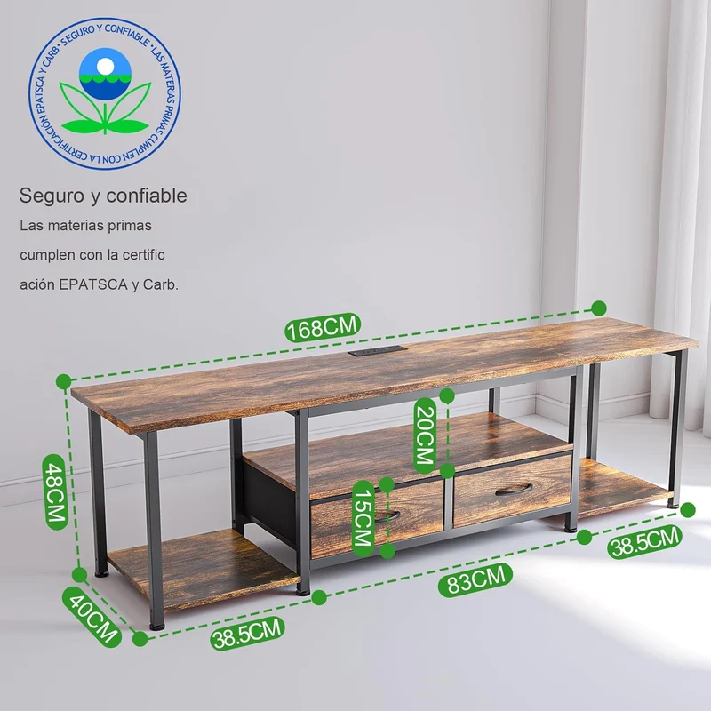 Mueble para TV,Mueble TV con Regleta,Mesa para TV para Televisor de 75 a 85 Pulgadas,con 2 Cajones de Tela,168 CM Centro de Entretenimiento para TV,El Tamaño es 168×40×45 CM. (Brown)