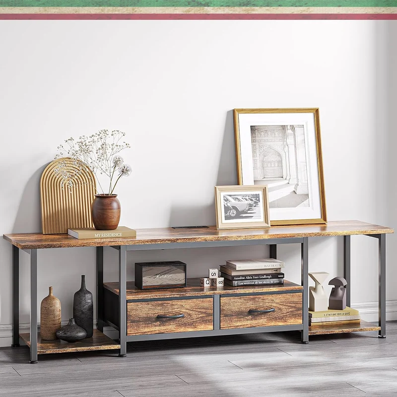 Mueble para TV,Mueble TV con Regleta,Mesa para TV para Televisor de 75 a 85 Pulgadas,con 2 Cajones de Tela,168 CM Centro de Entretenimiento para TV,El Tamaño es 168×40×45 CM. (Brown)