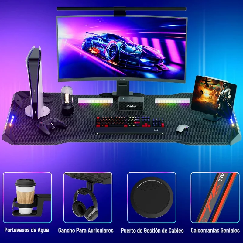 Escritorio Gamer, Escritorio para Computadora, Escritorios de Fibra con Control Remoto Eléctrico Lámpara RGB/Portavasos/Gancho para Auriculares/Hebilla de Gestión de Cables. (100CM*60CM)