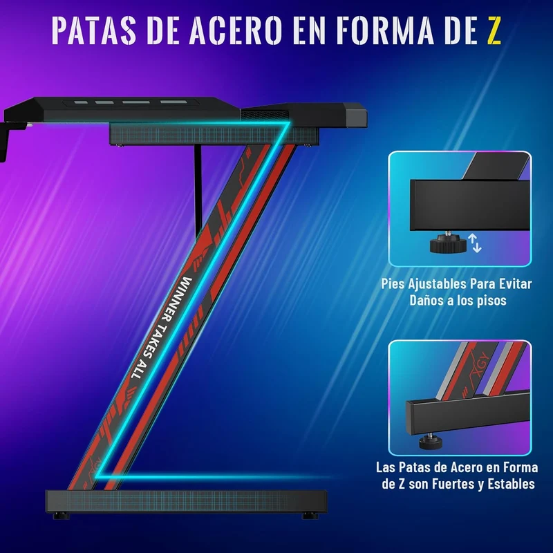 Escritorio Gamer, Escritorio para Computadora, Escritorios de Fibra con Control Remoto Eléctrico Lámpara RGB/Portavasos/Gancho para Auriculares/Hebilla de Gestión de Cables. (100CM*60CM)