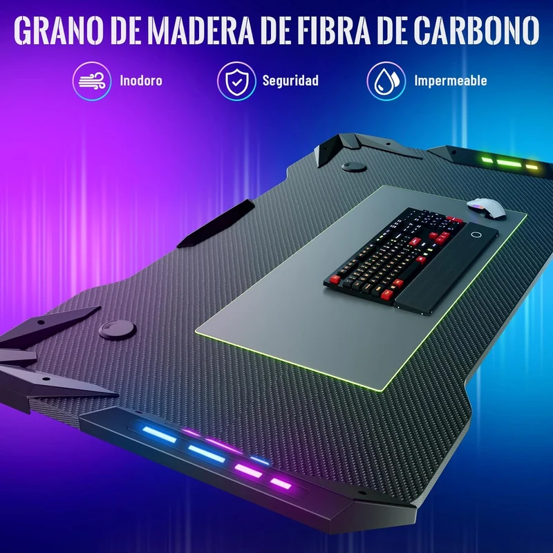 Escritorio Gamer, Escritorio para Computadora, Escritorios de Fibra con Control Remoto Eléctrico Lámpara RGB/Portavasos/Gancho para Auriculares/Hebilla de Gestión de Cables. (100CM*60CM)