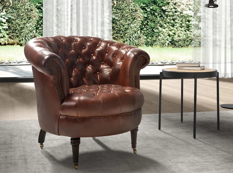 Chesterfield armchair in cognac brown leather