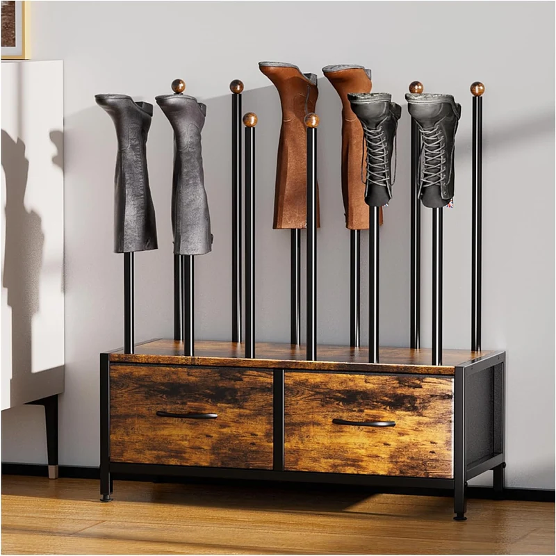 Boot Rack, Boot Organizer with 2 Cloth Drawer Storage, Free Standing Boot Racks with 12 Long Posts, for 6 Pairs Boot
