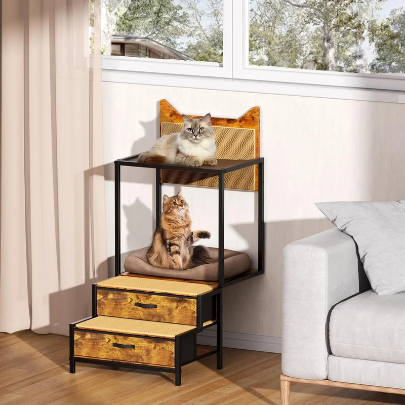 Percha para Ventana de Gato con Escalera – Mueble para Gatos, Montable en Pared o Uso en Piso, con Rascador y Tapetes para Junto a la Cama