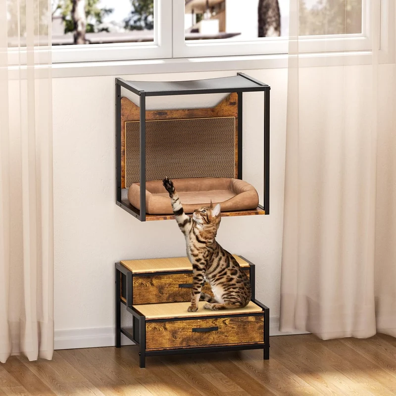 Percha para Ventana de Gato con Escalera – Mueble para Gatos, Montable en Pared o Uso en Piso, con Rascador y Tapetes para Junto a la Cama
