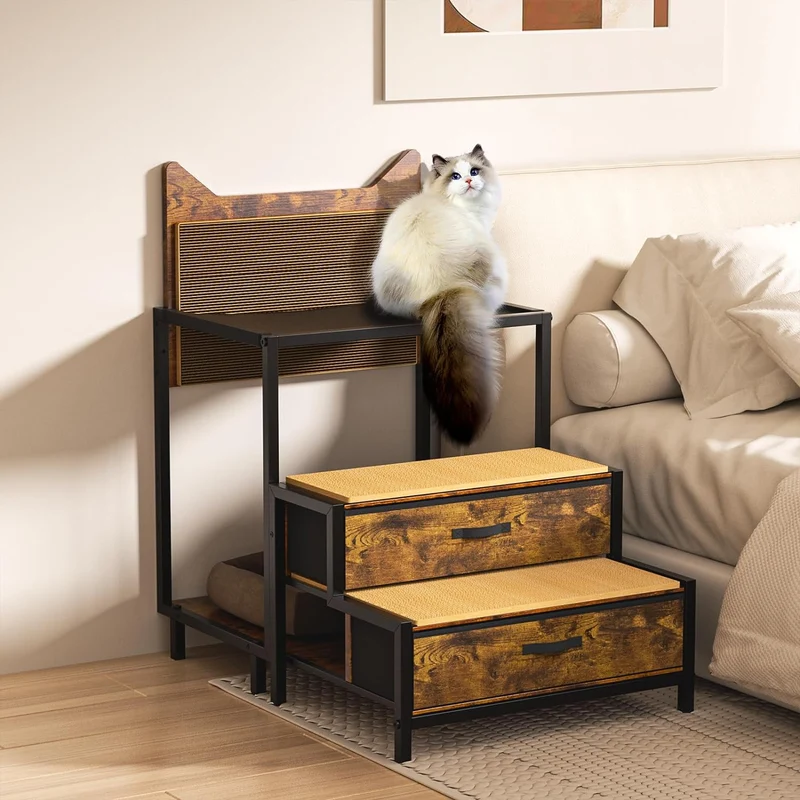 Percha para Ventana de Gato con Escalera – Mueble para Gatos, Montable en Pared o Uso en Piso, con Rascador y Tapetes para Junto a la Cama